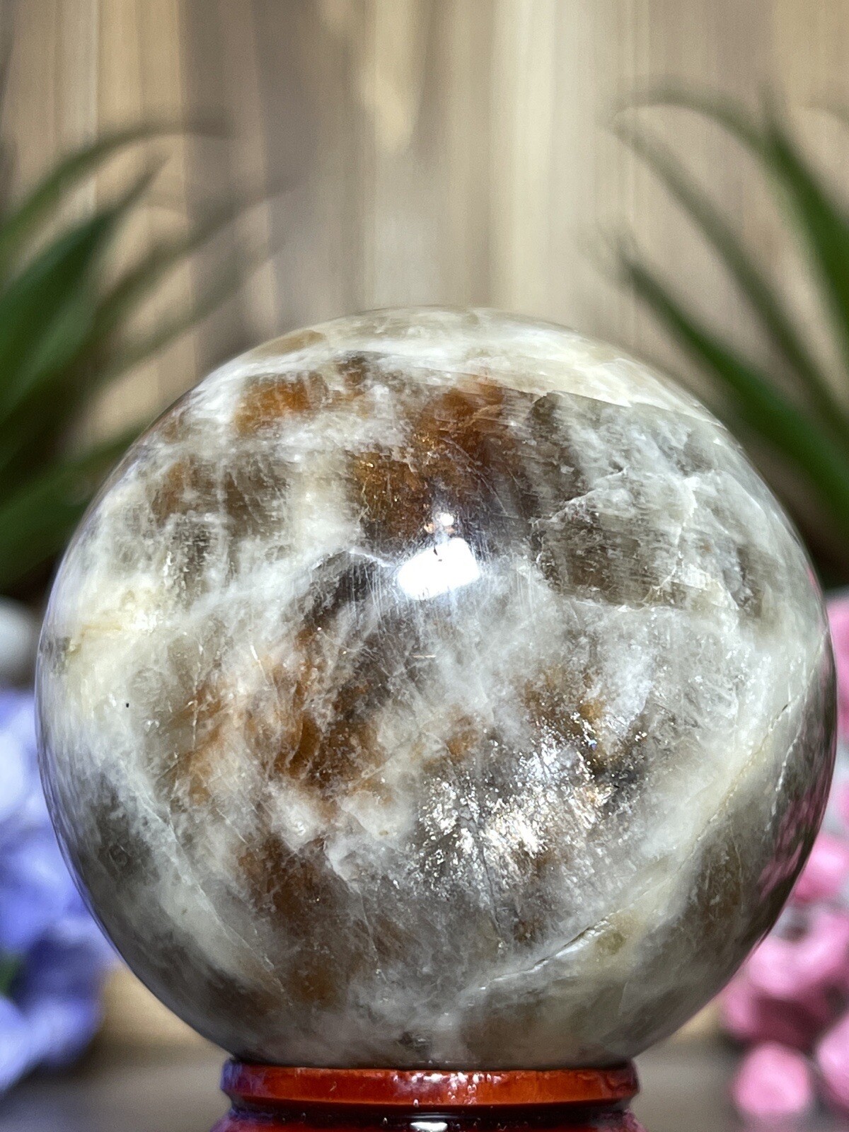 52mm MOONSTONE SUNSTONE SPHERE – Crystal Blue Feldspar Orange Mineral Witch 202g