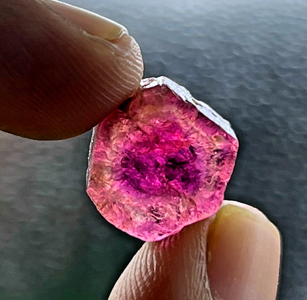 10.95 Cts Rare Pink Rubellite Tourmaline Rough | Bi-Color Neon Pink Slice Gem