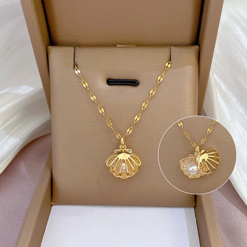 Women’s Fashion Jewelry Gold Cubic Zircon Sea Shell Pearl Pendant Necklace 1PC