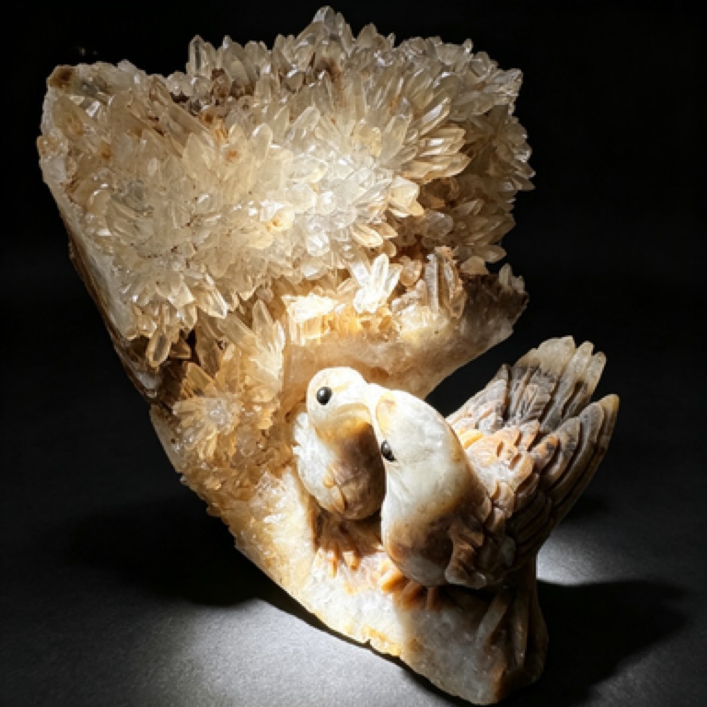 Hand Carved Crystal Cluster Bird Figurine – Natural Raw Stone Desk Decor Sculptu