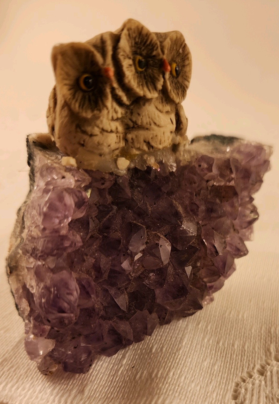 geode amethyst geode quartz cluster crystal with two resin owls perched 2.75in T