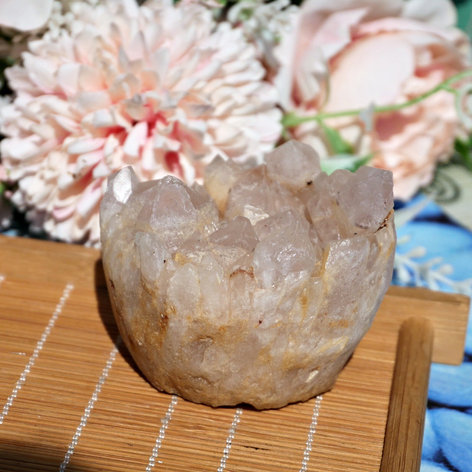 Clear Quartz Crystal Cluster 2.3″ Carved Animal Smiley Face Raw Base Desk Decor