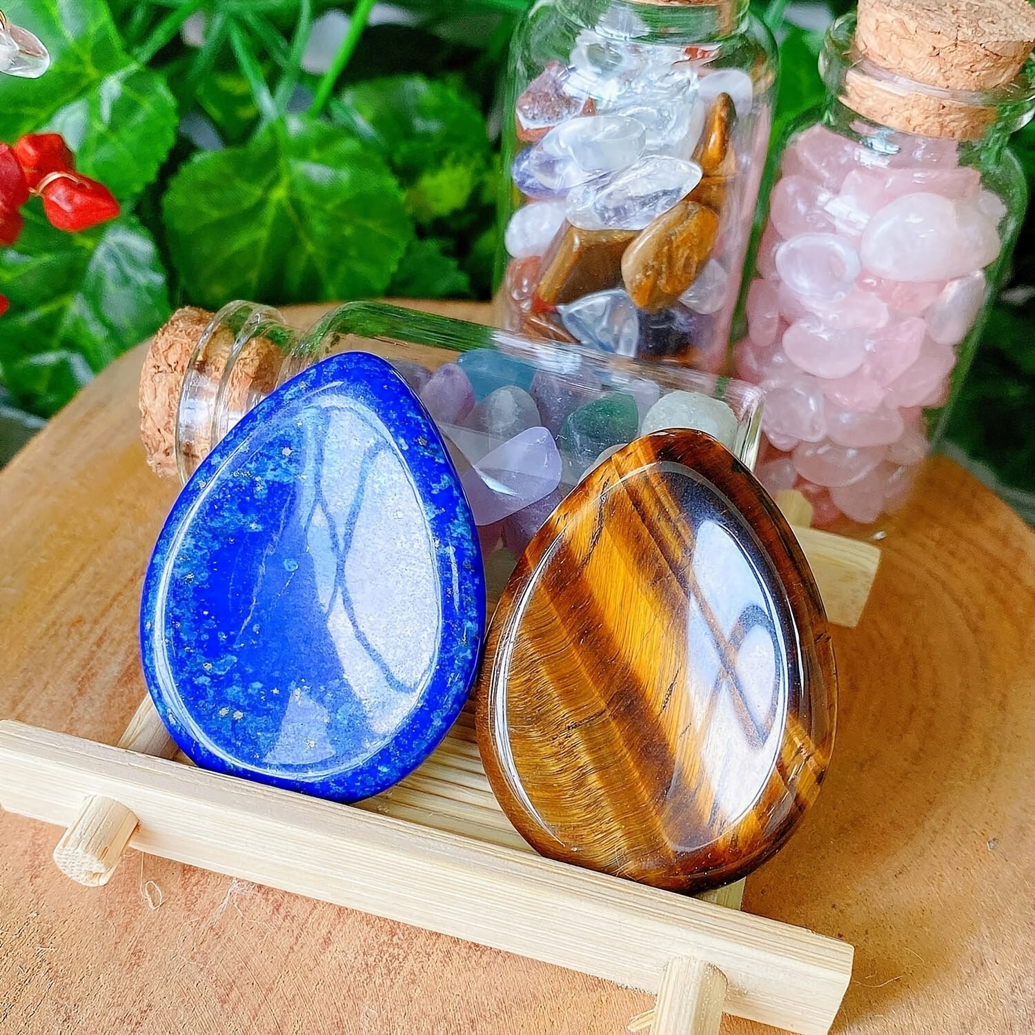 2 PCS Natural Lapis Lazuli Tiger’s Eye Worry Stone Tumbled Gemstone Pocket Stone