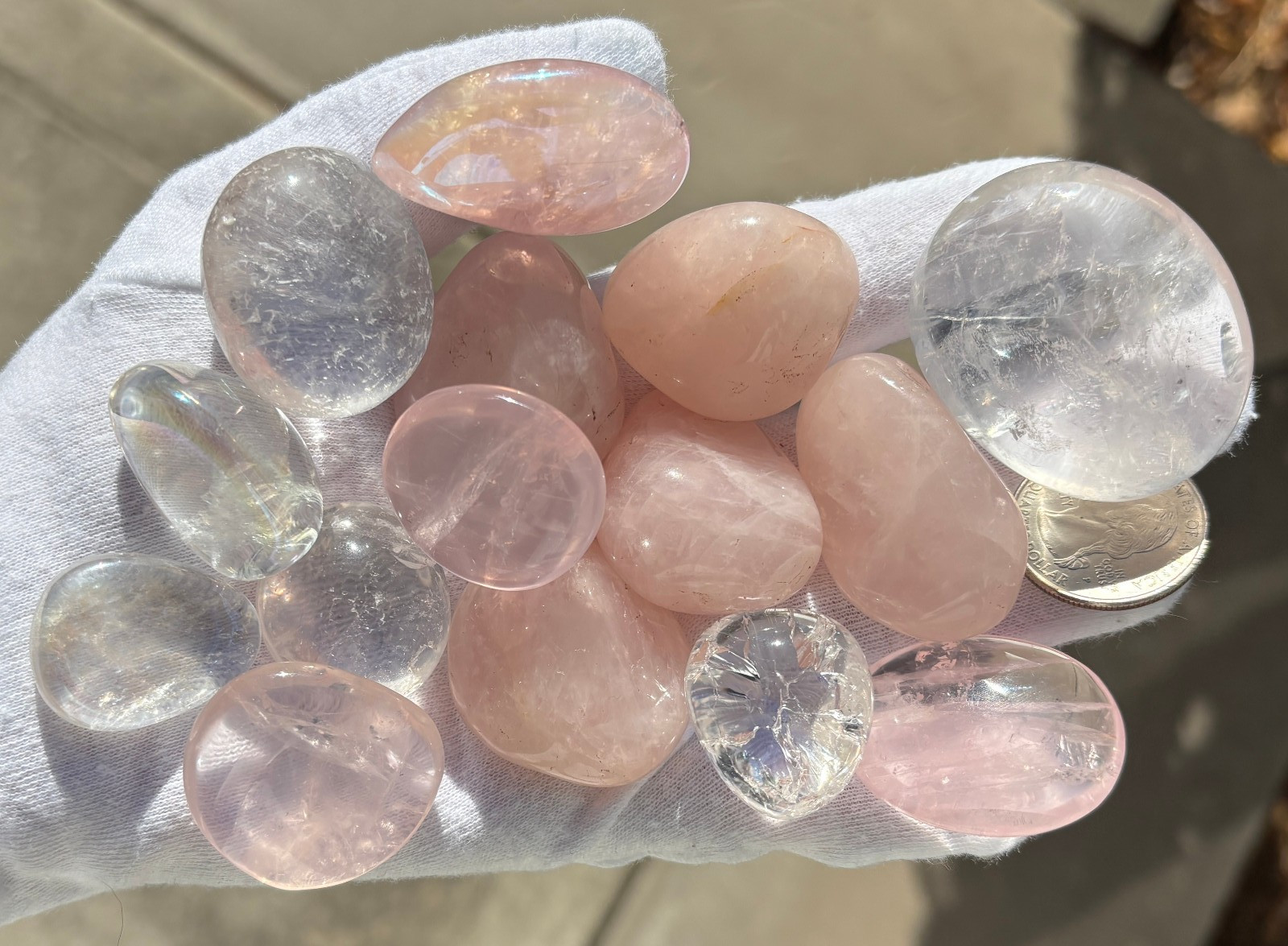 USA SALE 333g LOT ROSE/GIRASOL/FIRE ICE/PINK AURA/CLEAR QUARTZ TUMBLES TUMBLE