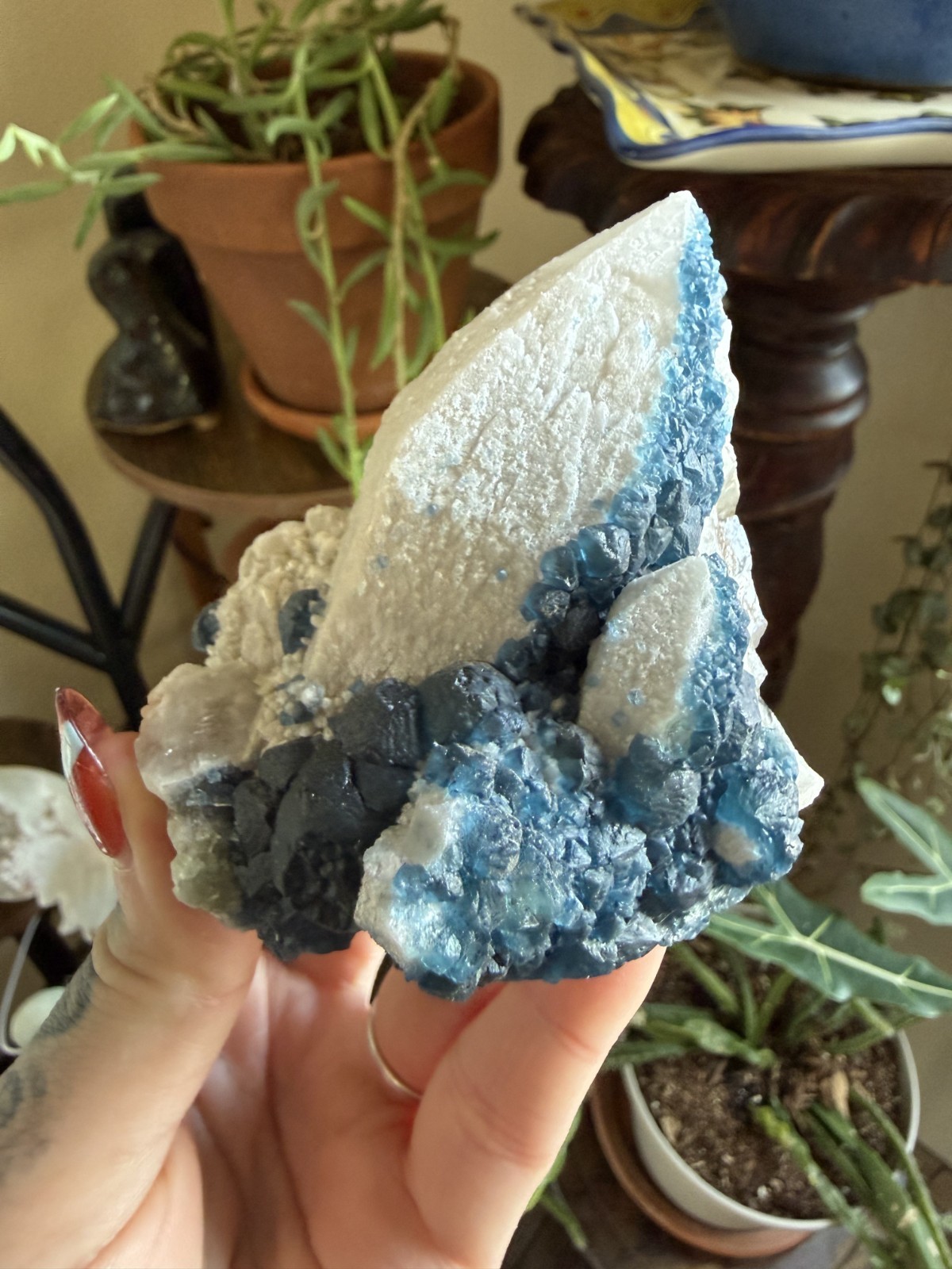 Irradiated Blue Fluorite Crystal in White Candle Quartz – 10.58 oz