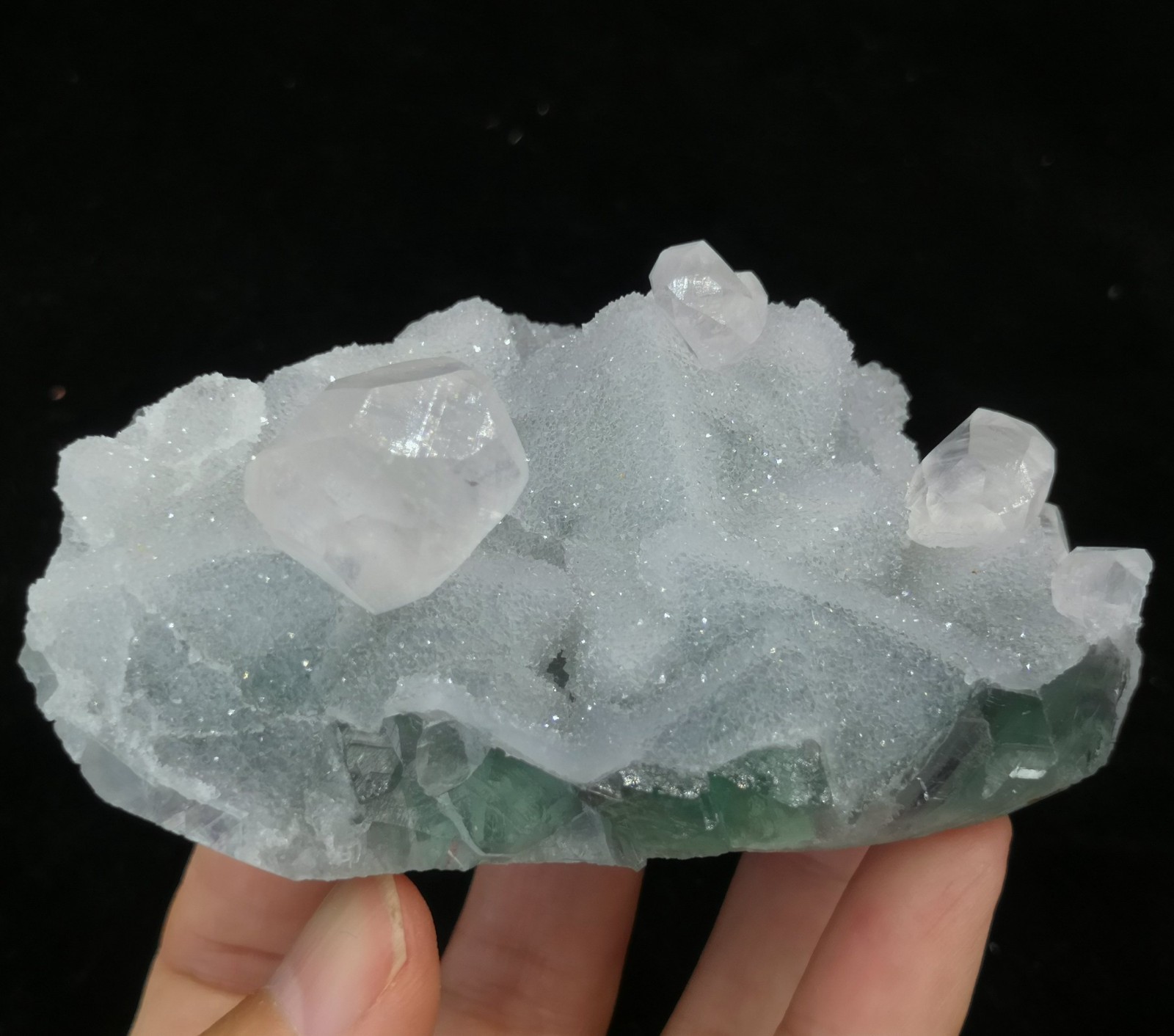Clear Calcite on sparkling Quartz coated Octahedron Green Fluorite, 88mm 235g