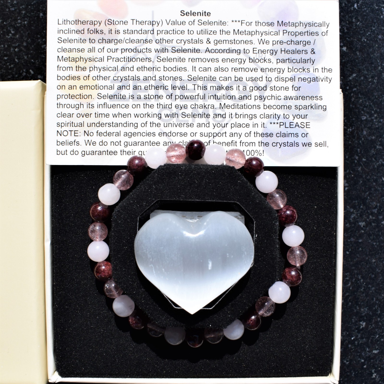 Rhodolite Garnet Rose Quartz Strawberry Quartz 6mm Bracelet + Selenite Charger