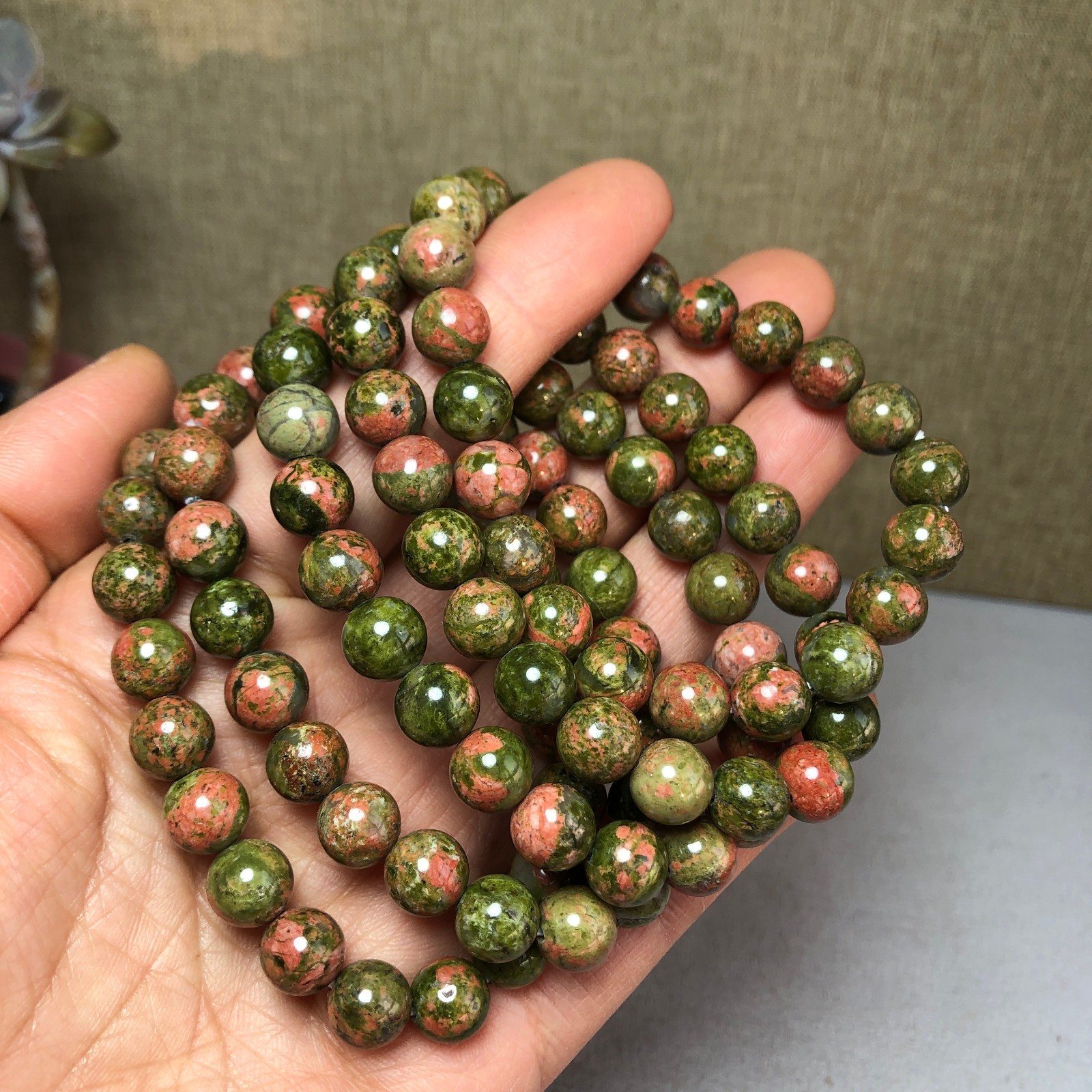 5pcs wholesale Natural unakite semi-precious Crystal chain beads bracelet 8mm A6