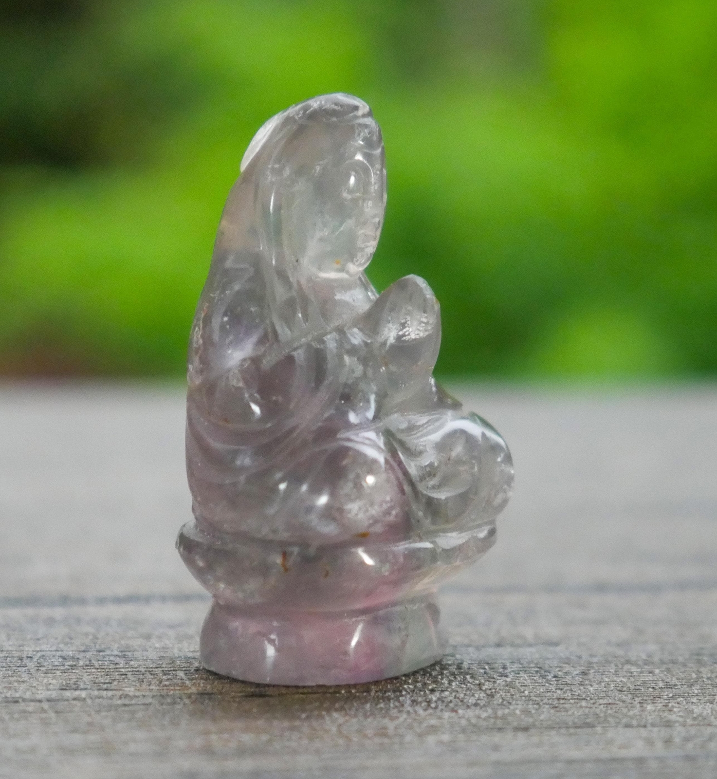 Chinese Carved Rainbow Fluorite Stone Guanyin Buddha Pocket Statue – 1.75″ Tall