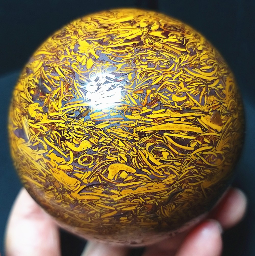 RARE 560.2G 72mm Natural Polished Golden Silk Jade Crystal Ball Healing A4939