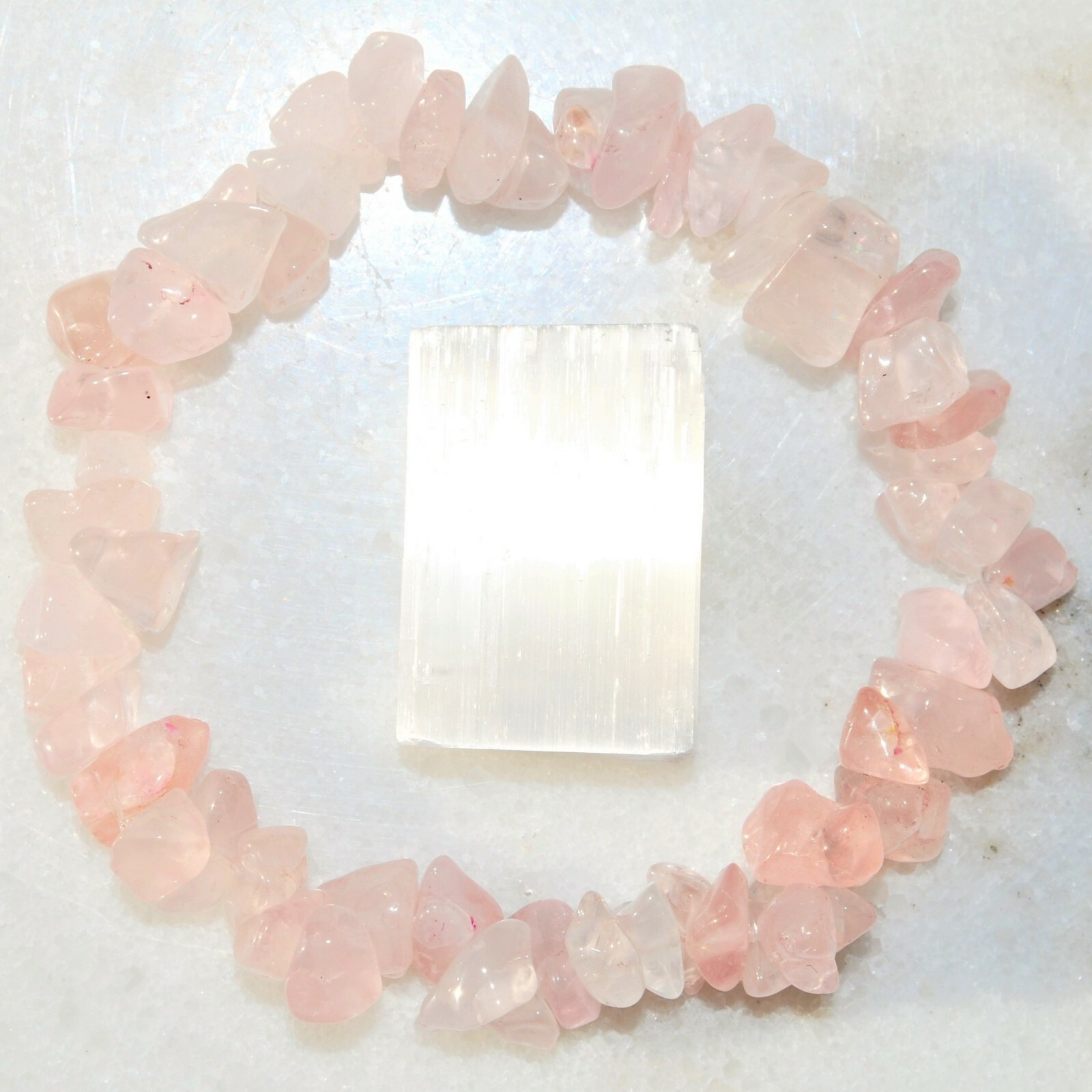 Premium CHARGED Rose Quartz Crystal Chip Stretchy Bracelet +Selenite Puffy Heart
