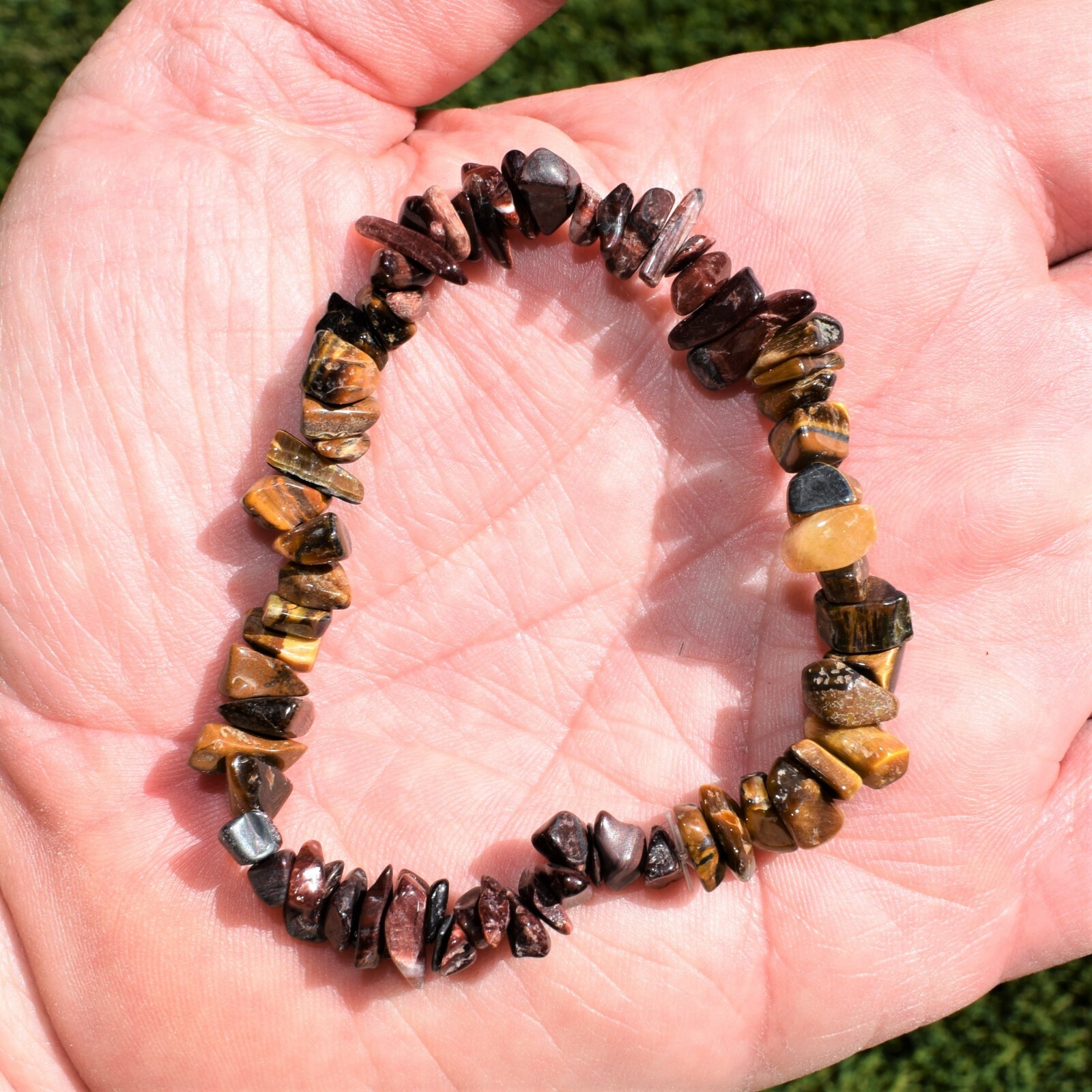 CHARGED Red Tiger Eye & Golden Tiger Eye Crystal Chip Stretchy Bracelet + Heart