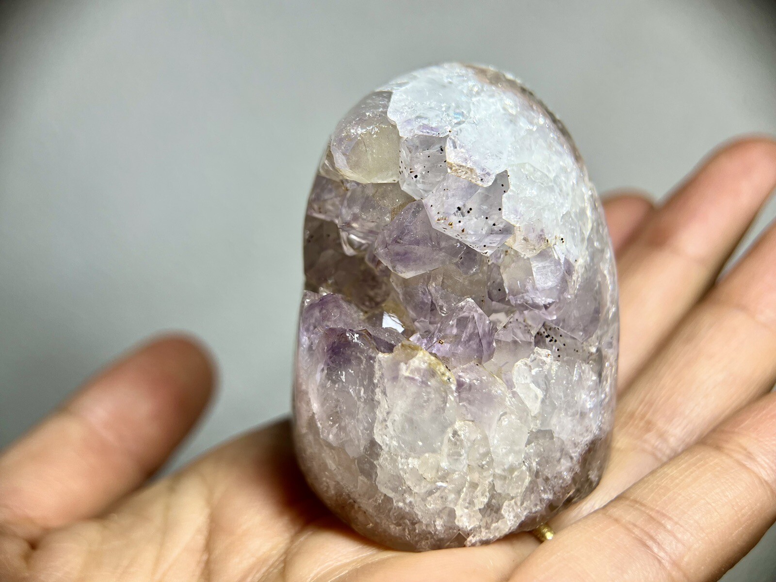 Natural cute light purple amethyst geode crystal, hematite inclusion & rainbows