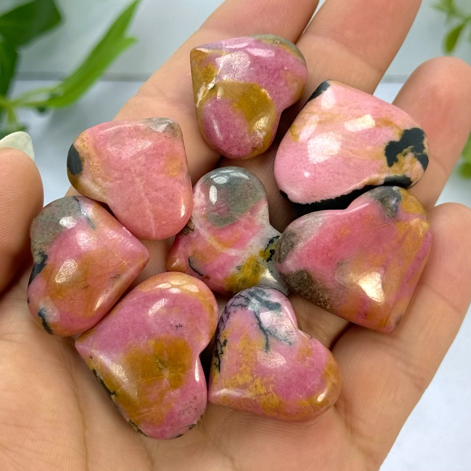 Pink Polished Rhodonite Crystal Heart Stones, Rhodonite Polished Pink Heart Ston
