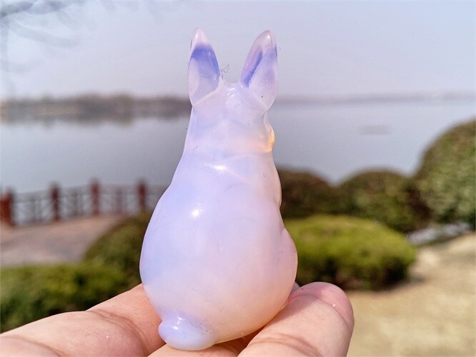 2″ Hand Carved Pink opalite Rabbit Reiki Quartz Crystal Skull Figurines decor 1x