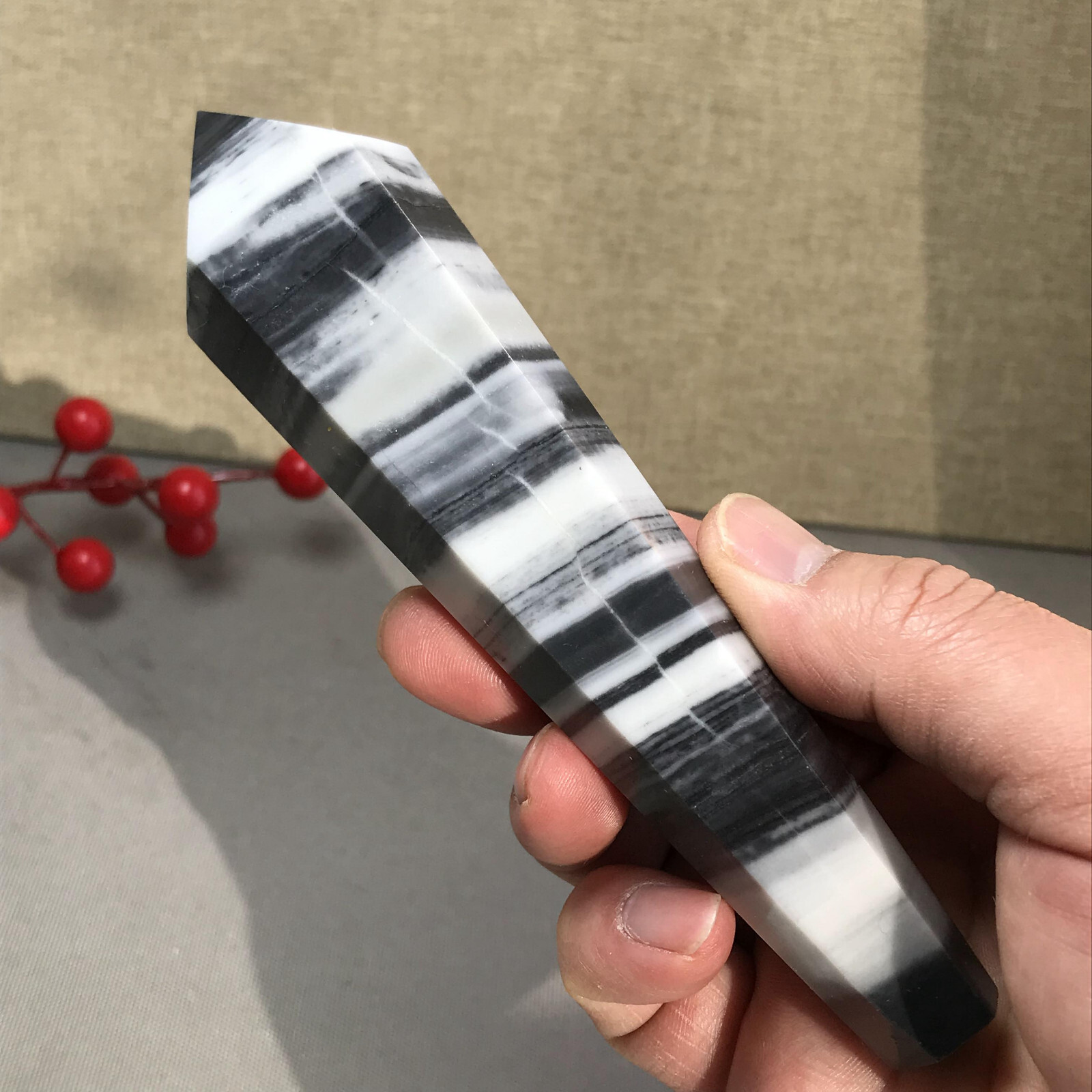 151mm Long Natural Taiji Stone stripe wand Obelisk Crystal specimens 255g A5779