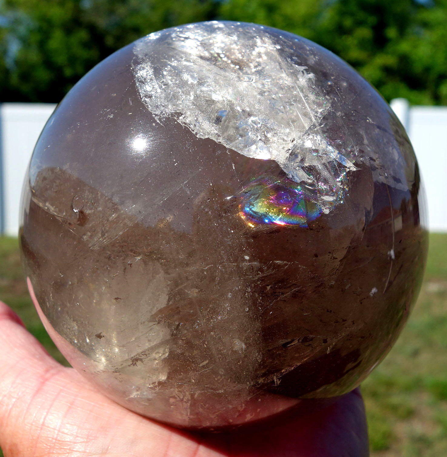 Large 4 Inch SMOKY QUARTZ Crystal Sphere Ball with RAINBOWS from Brazil