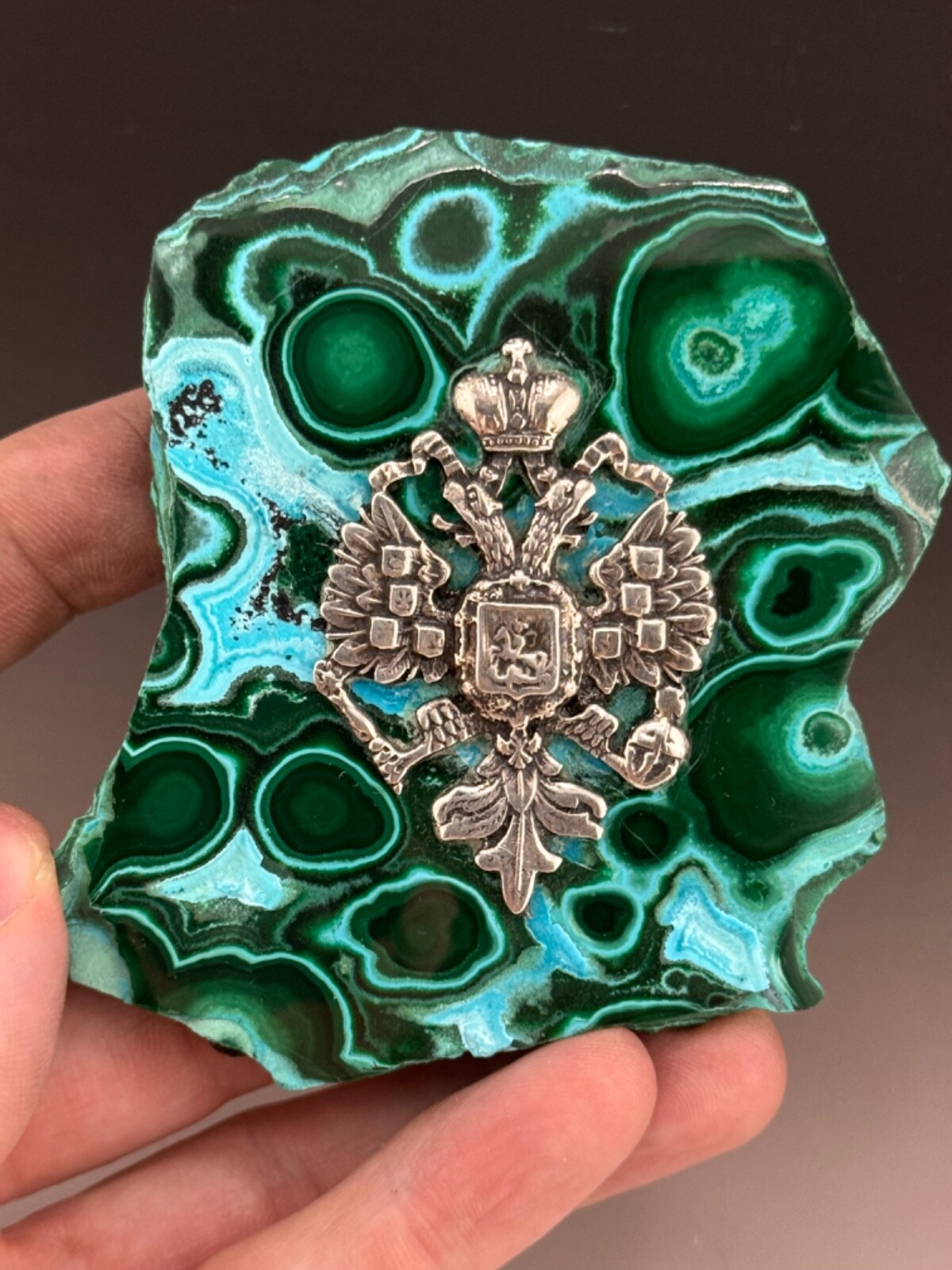 203gr Malachite Slab Sterling Silver Russian/Euro Double Headed Eagle Emblem