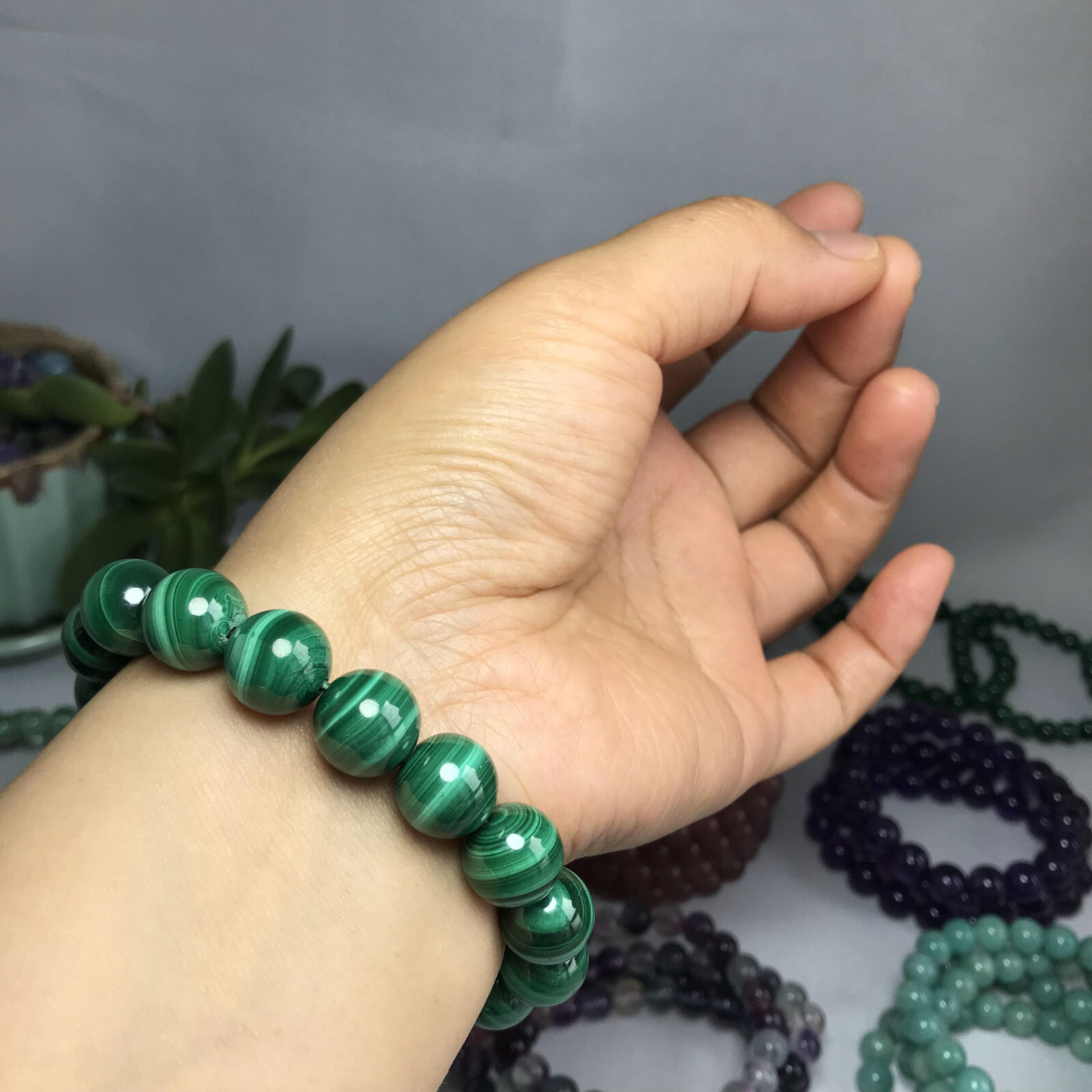 12mm Natural malachite gemstone Crystal chain beads bracelet 62-33g A5261