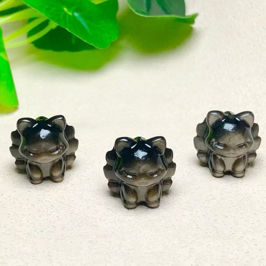 17mm Natural Silver obsidian Nine-tailed fox quartz crystal Reiki healing 5pc