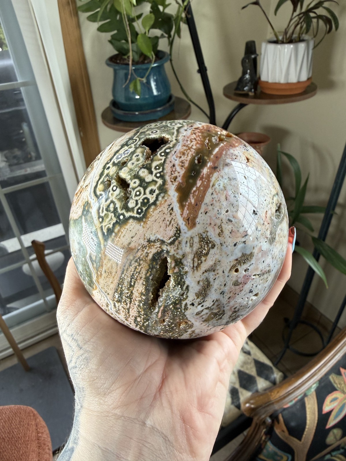 8th Vein Ocean Jasper Sphere – Druzy Pockets – Green, Pink, White – 3.69lbs