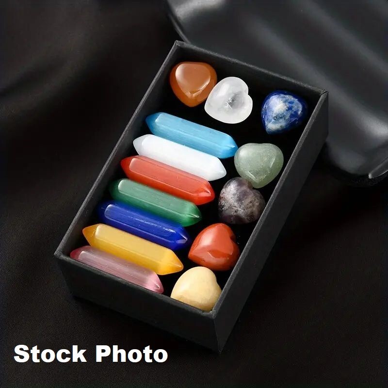 Healing Meditation 14pc Set Crystals and Heart Shape Natural Stones