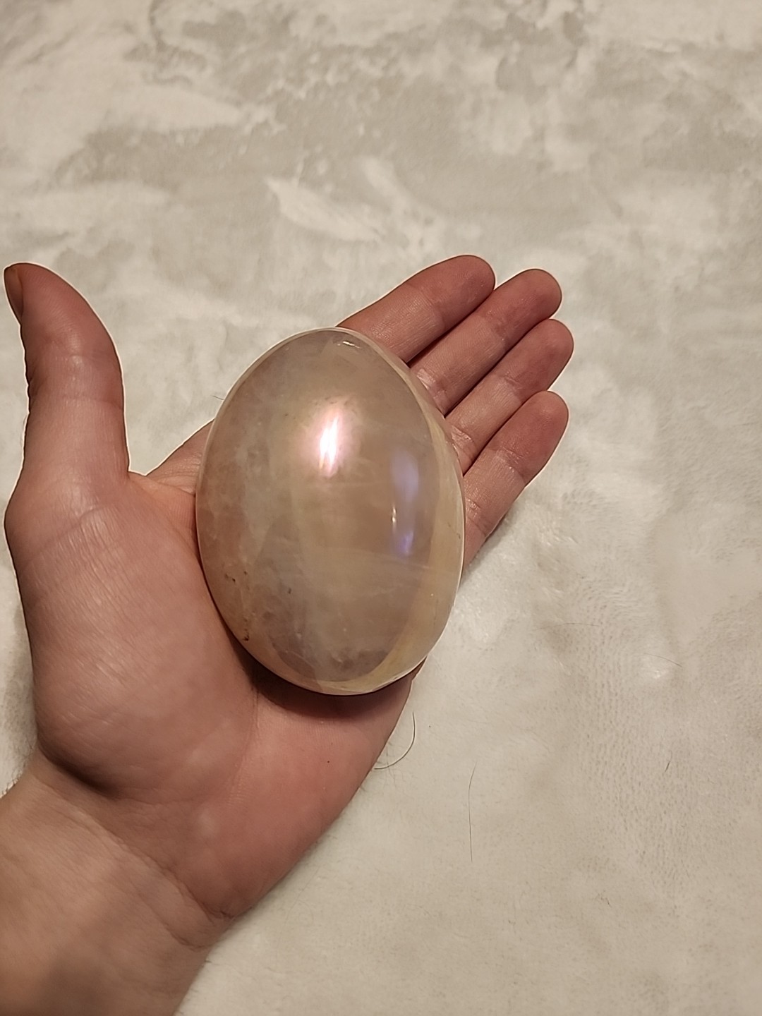 Aura Rose Quartz Palm Stone Polished Crystal Iridescent Healing