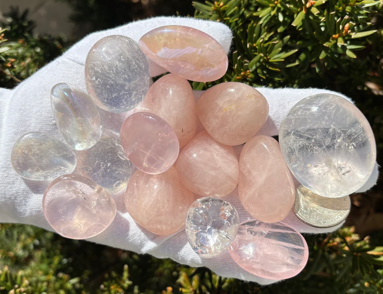 USA SALE 333g LOT ROSE/GIRASOL/FIRE ICE/PINK AURA/CLEAR QUARTZ TUMBLES TUMBLE
