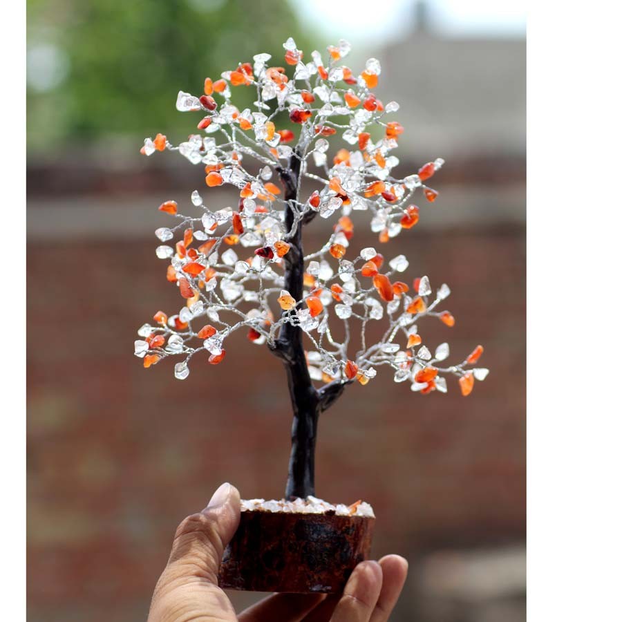 Carnelian+Crystal Quartz 300+ Gemstones SIlver Wire Tree Decor 10.5″ GW