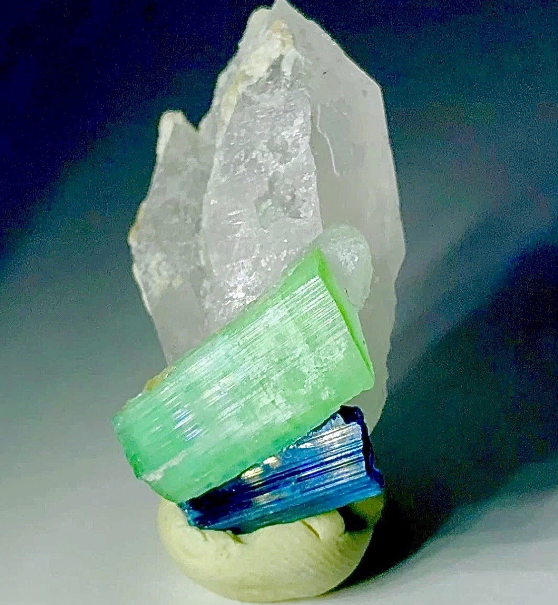 Neon Blue Green Tourmaline On Quartz Crystal Raw Rough Specimen Cluster Matrix