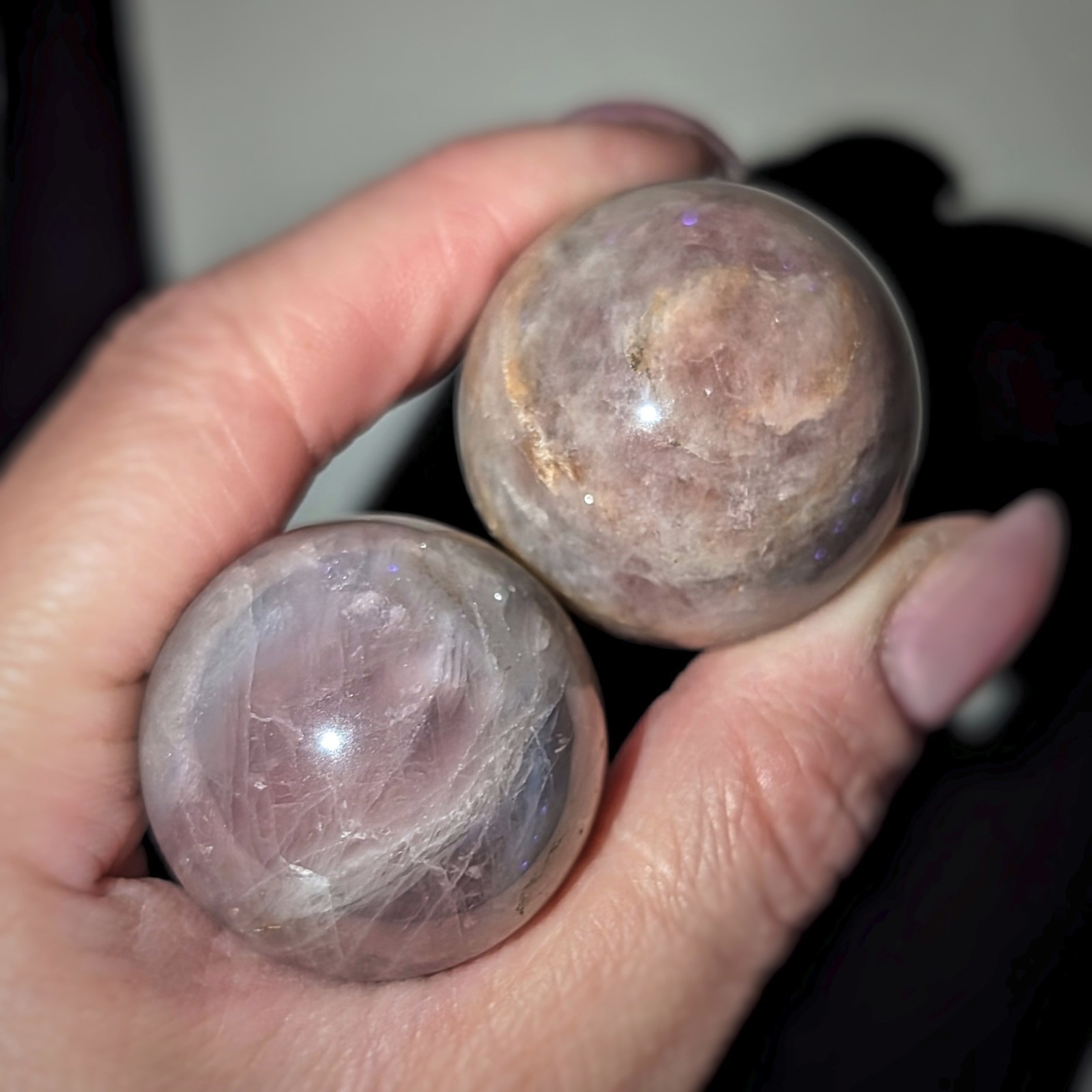 duo of 31mm lavender rose quartz sphere with chatoyancy, purple rose quartz