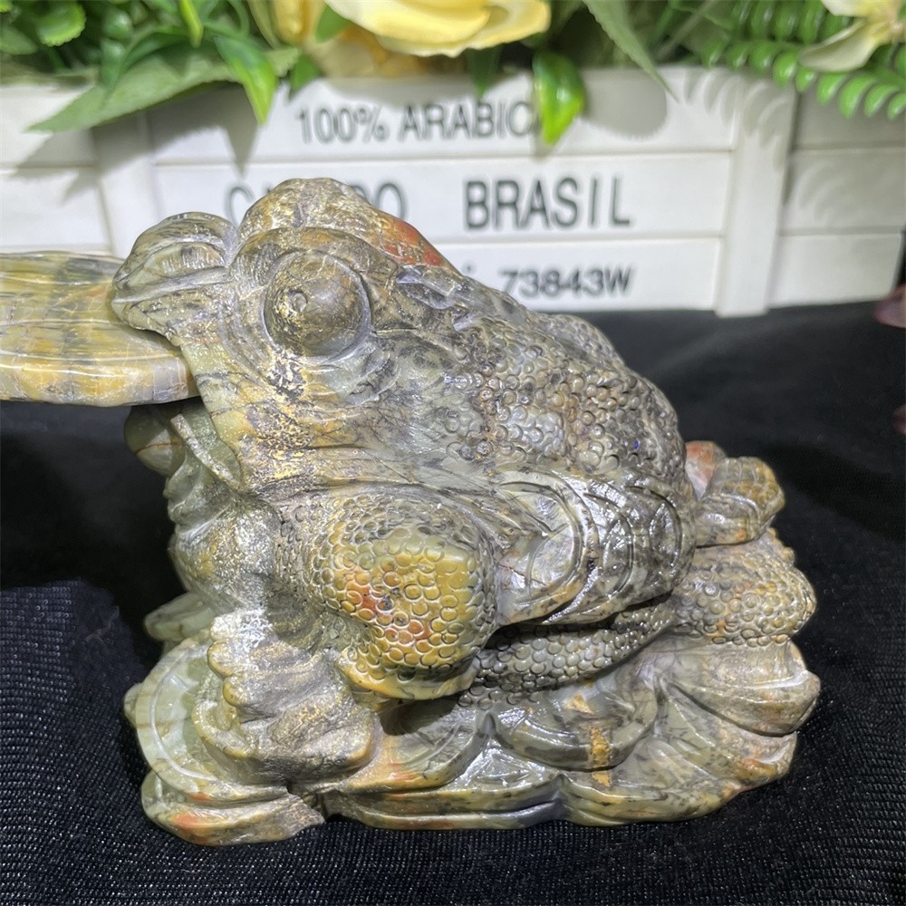 2.4LB 4.7″ Natural Creek Jasper Golden Toad Crystal Quartz Mineral Statue