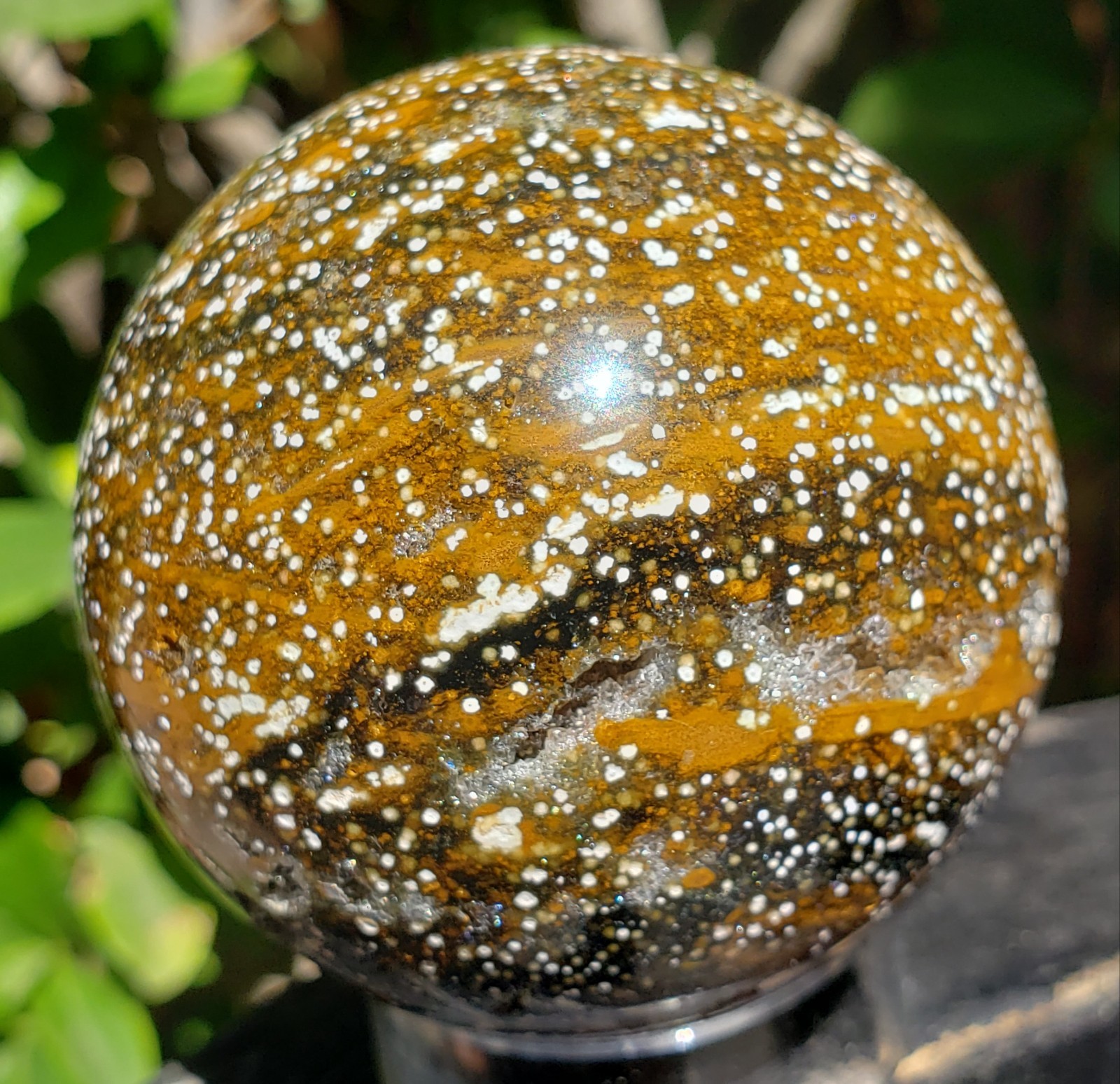 2.1″ Natural 8th Vein Orbicular Ocean Jasper Crystal Sphere Quartz UV Druzy,199g