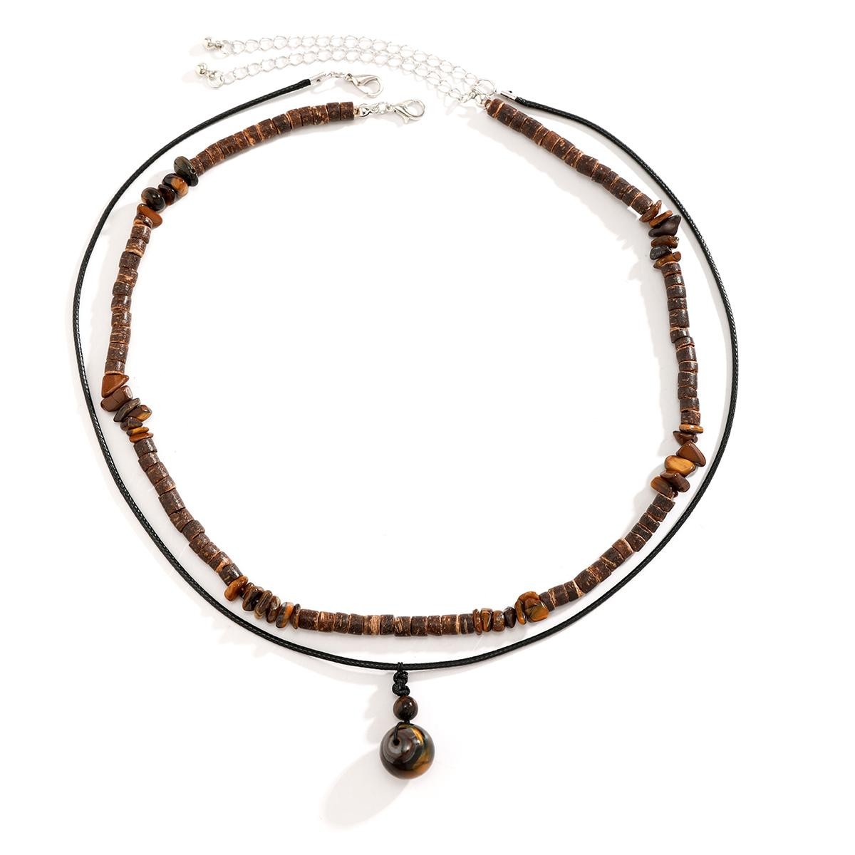 Kunjoe 2pcs Natural Stone Pendant Necklace Vintage Wood Beads for Men