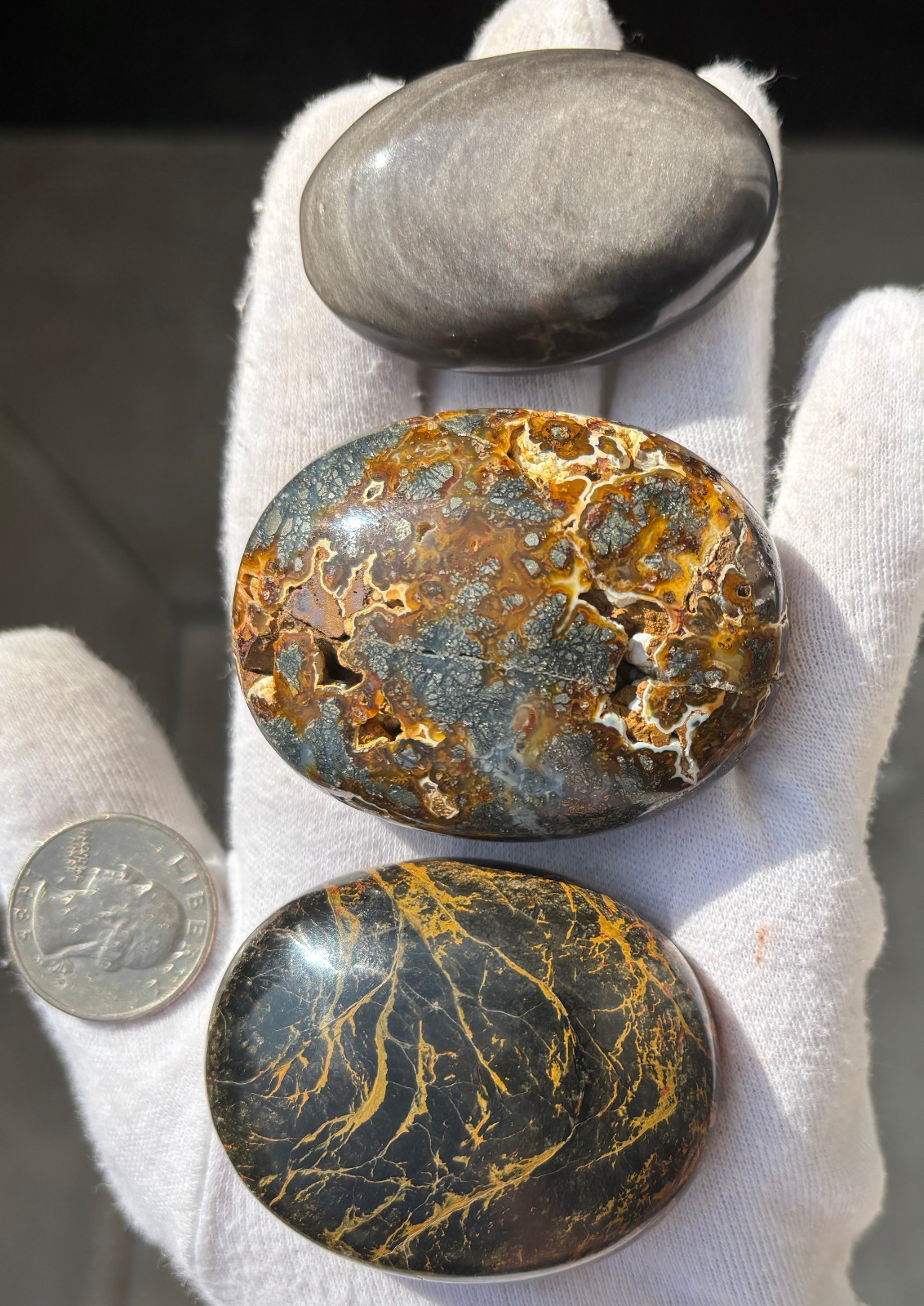 LOT MULTI-COLORED MARCASITE/MIZONE OPAL/SHEEN OBSIDIAN PALMSTONES PALM STONE