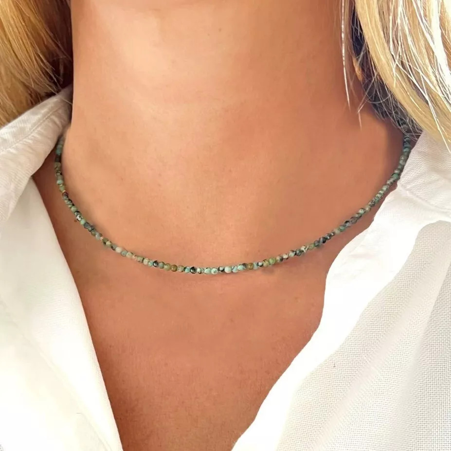 African Turquoise 2mm Beaded Choker Healing Dainty Delicate Women Necklace Gift