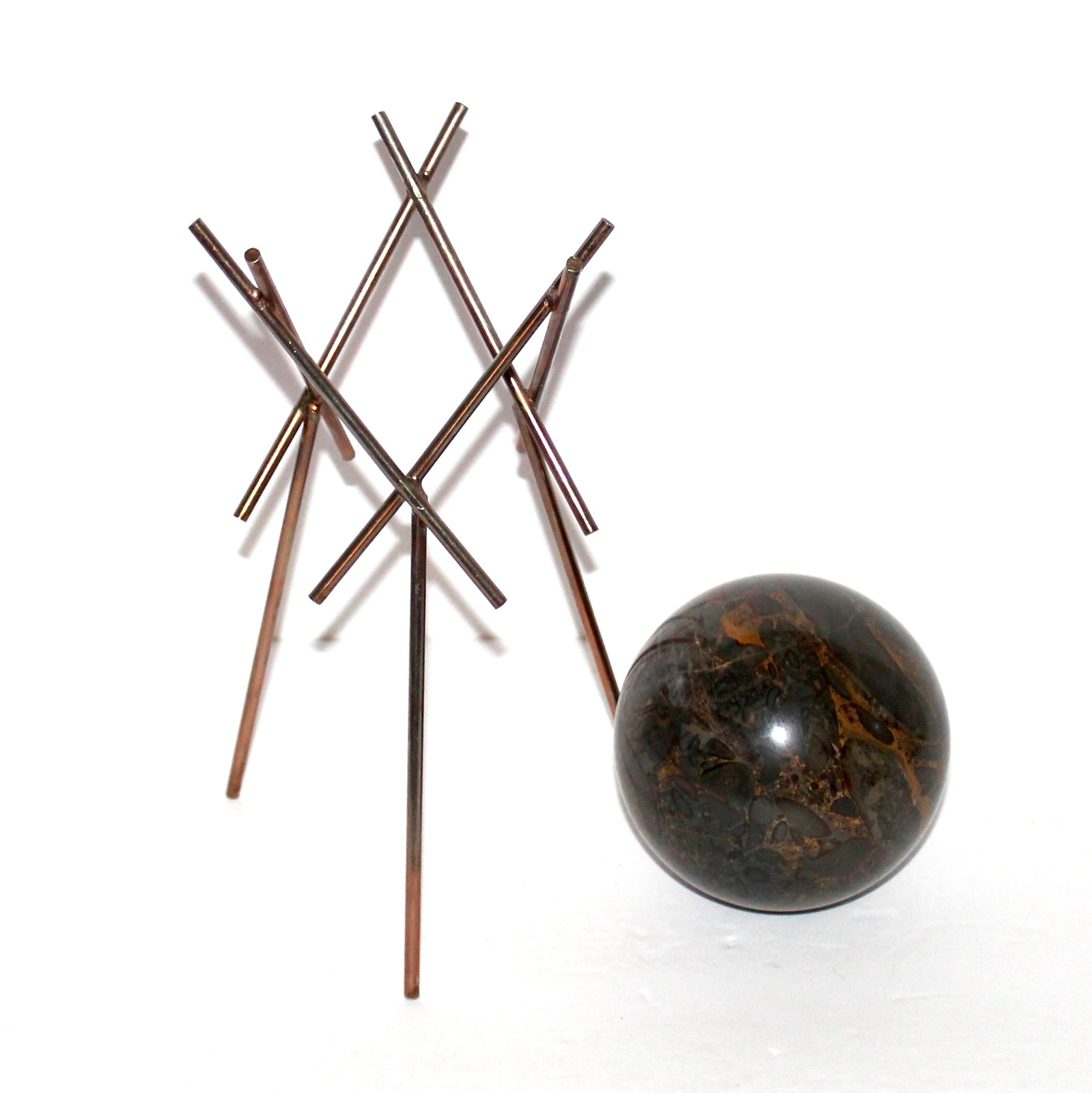 Vintage Bamboo Jasper Sphere 4” on brass Stand MCM decor stone ball 3lb 9oz
