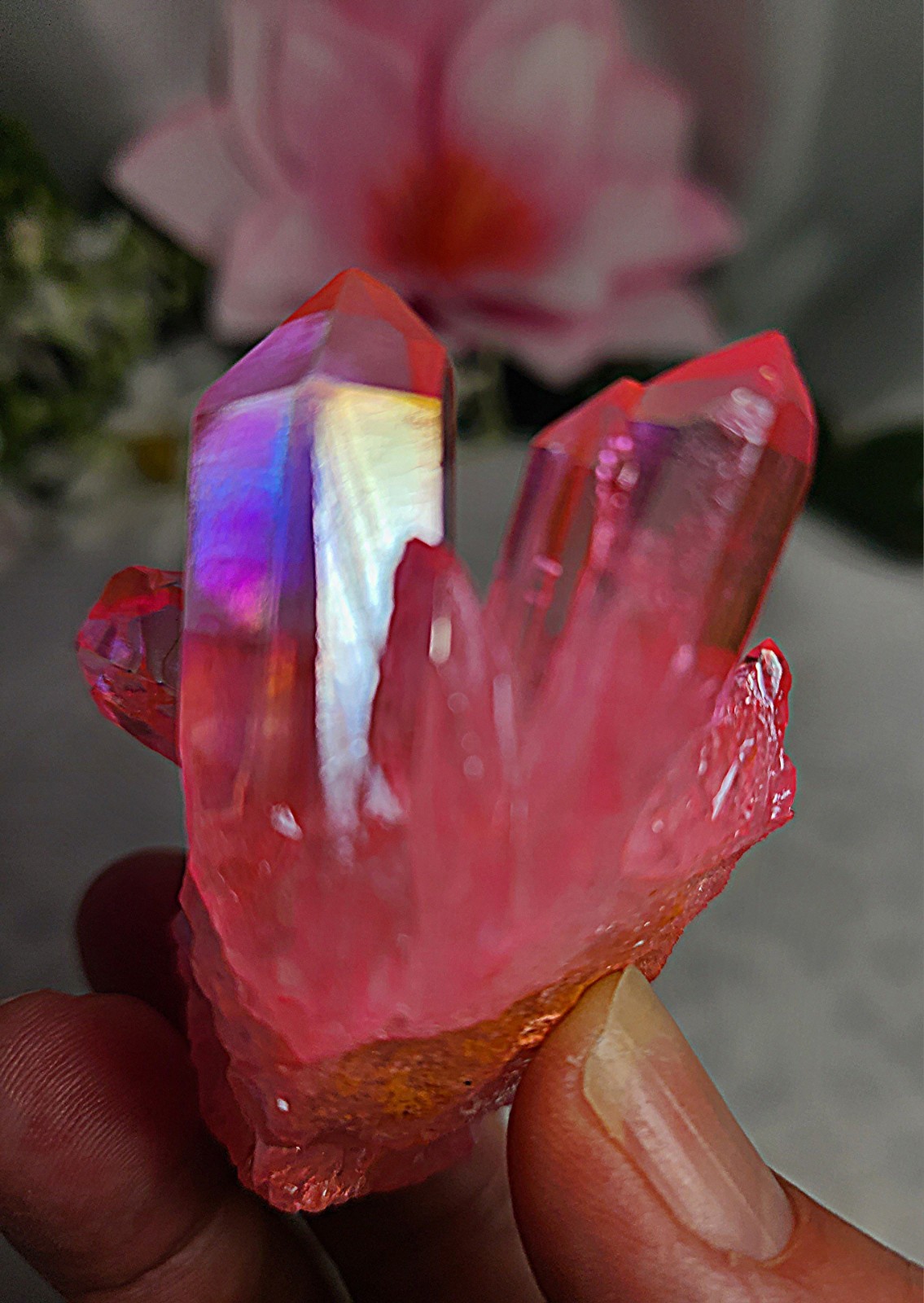 2.6″ 65g Beautiful Brazilian Pink Rainbow Aura Quartz Crystal Cluster Point