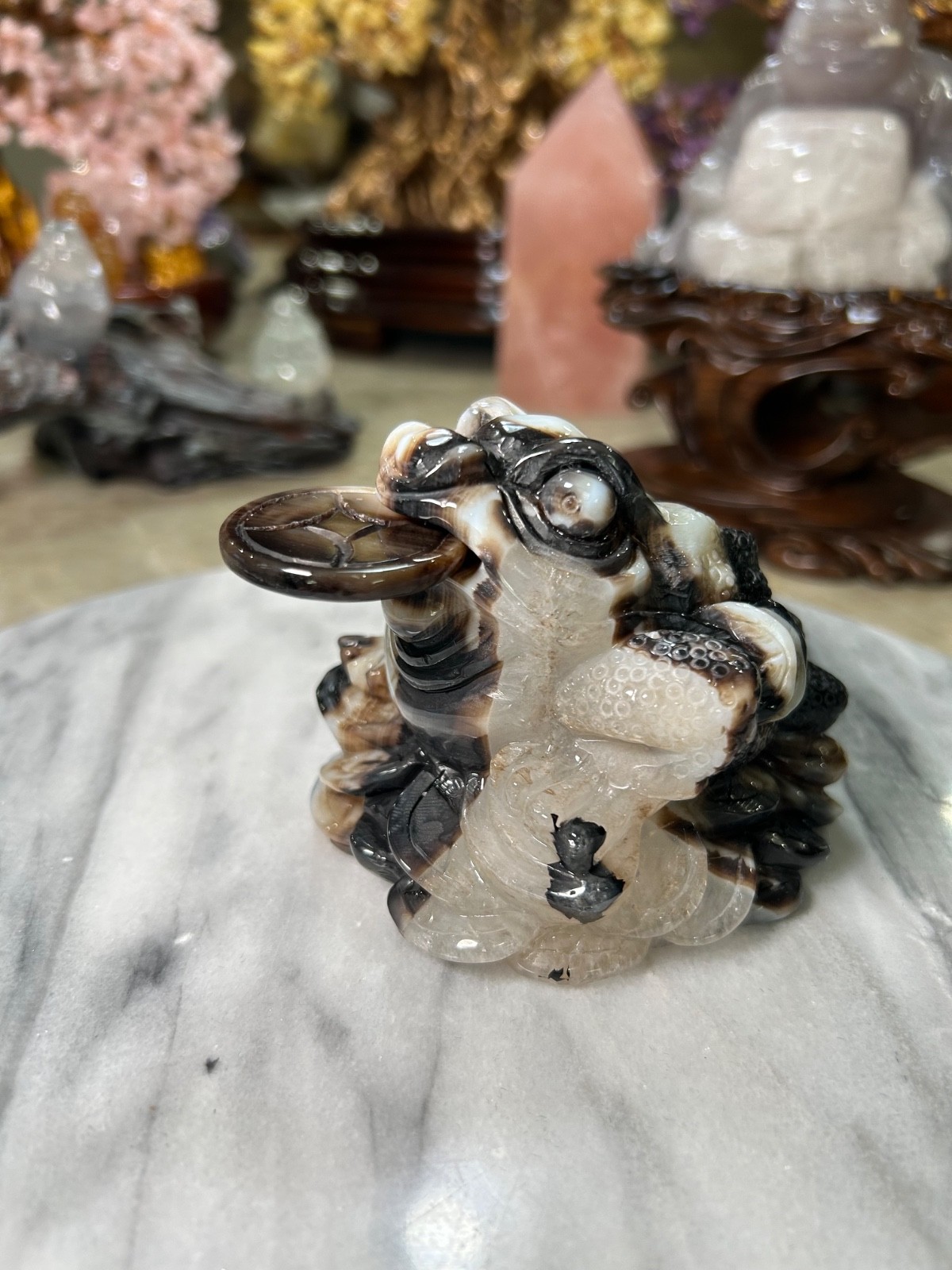 Agate Golden Money Toad Jin Chan with agate coin on sandalwood stand custom
