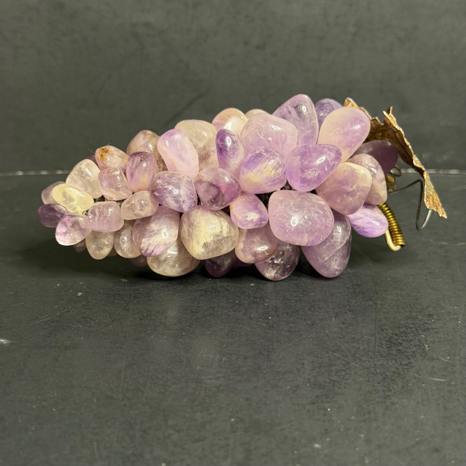 Polished Amethyst Purple Quartz Crystal Grape Cluster Brass Leaf Paperweight