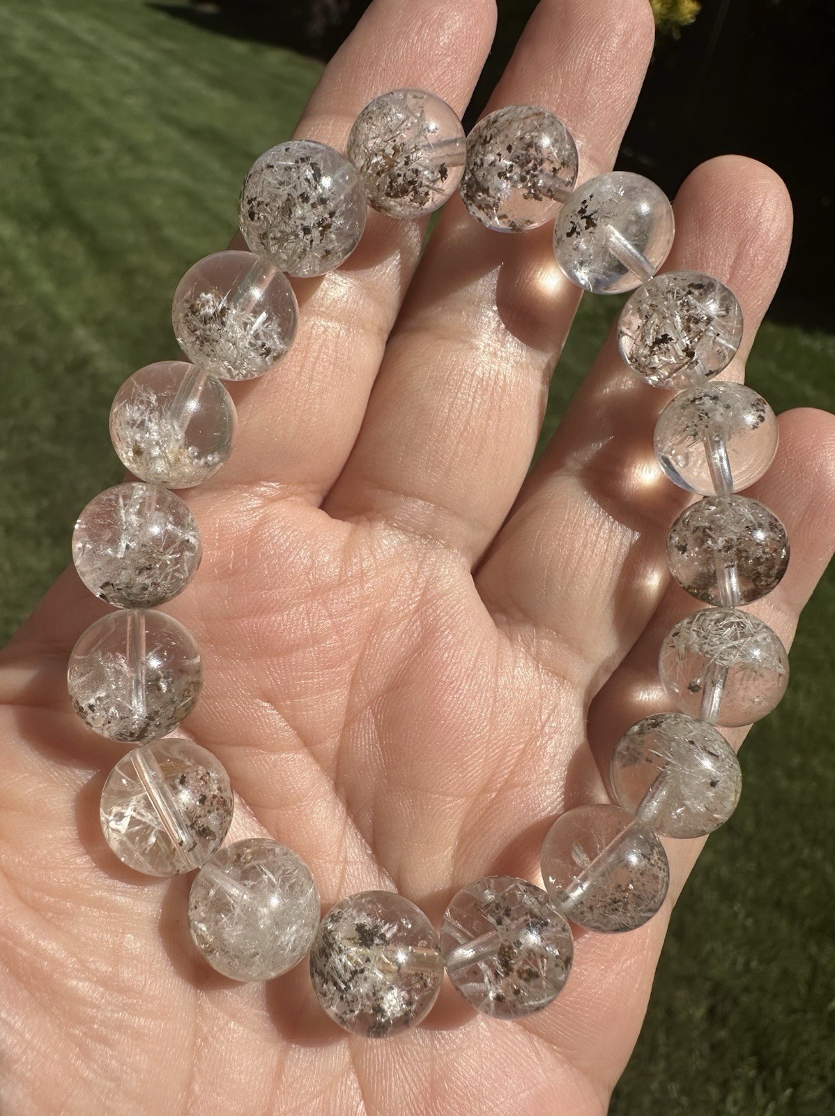 Rare Natural 11mm+ Snowflake White Rutile & Black Phantom Quartz Bracelet