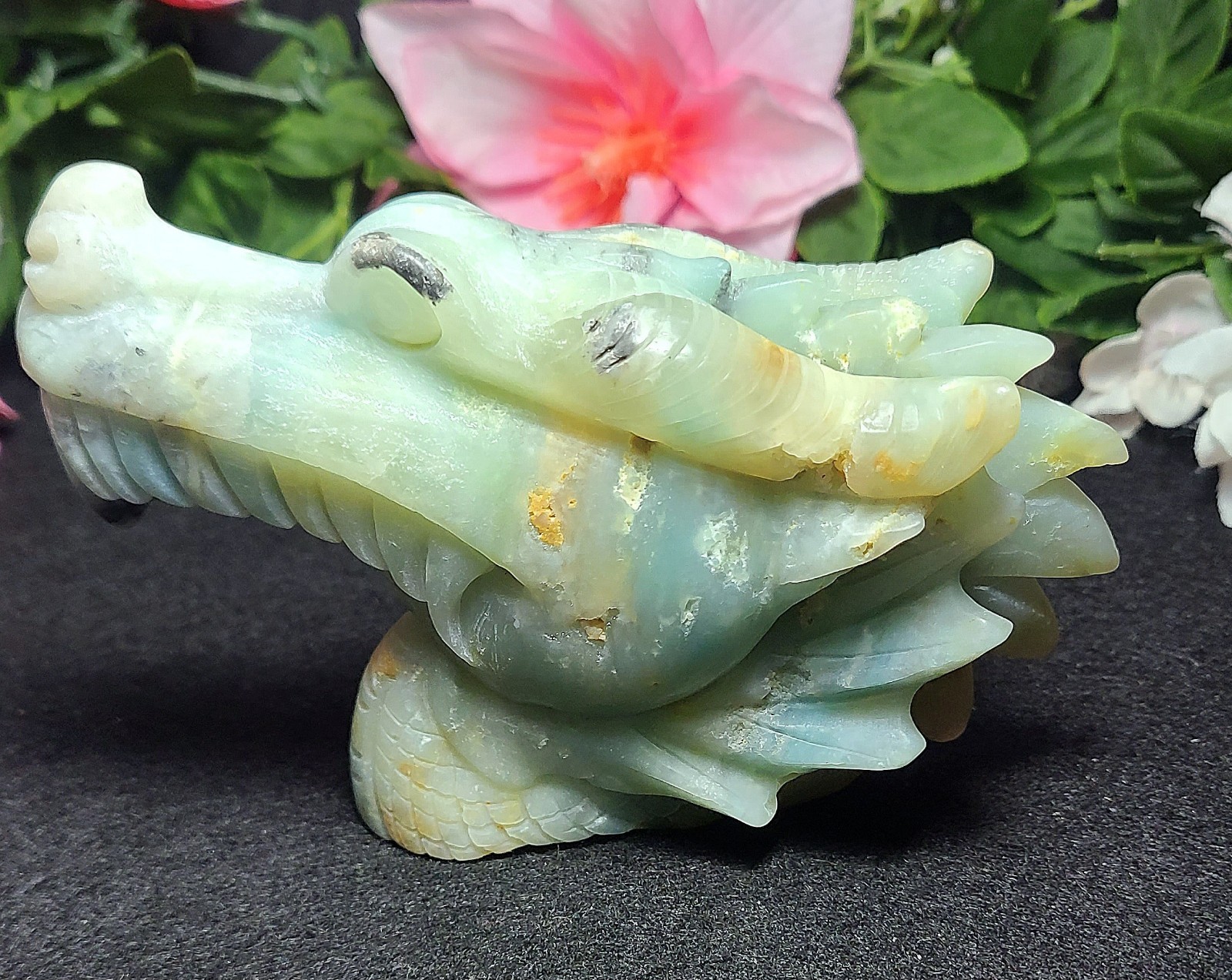 5.2″ 422g Blue Caribbean Calcite Dragon Head Crystal Skull Stone Carving Statue