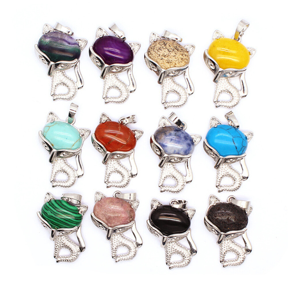 Natural Mini Chakra Fox Animal Pendant Crystal Stone Quartz Necklace Jewelry New