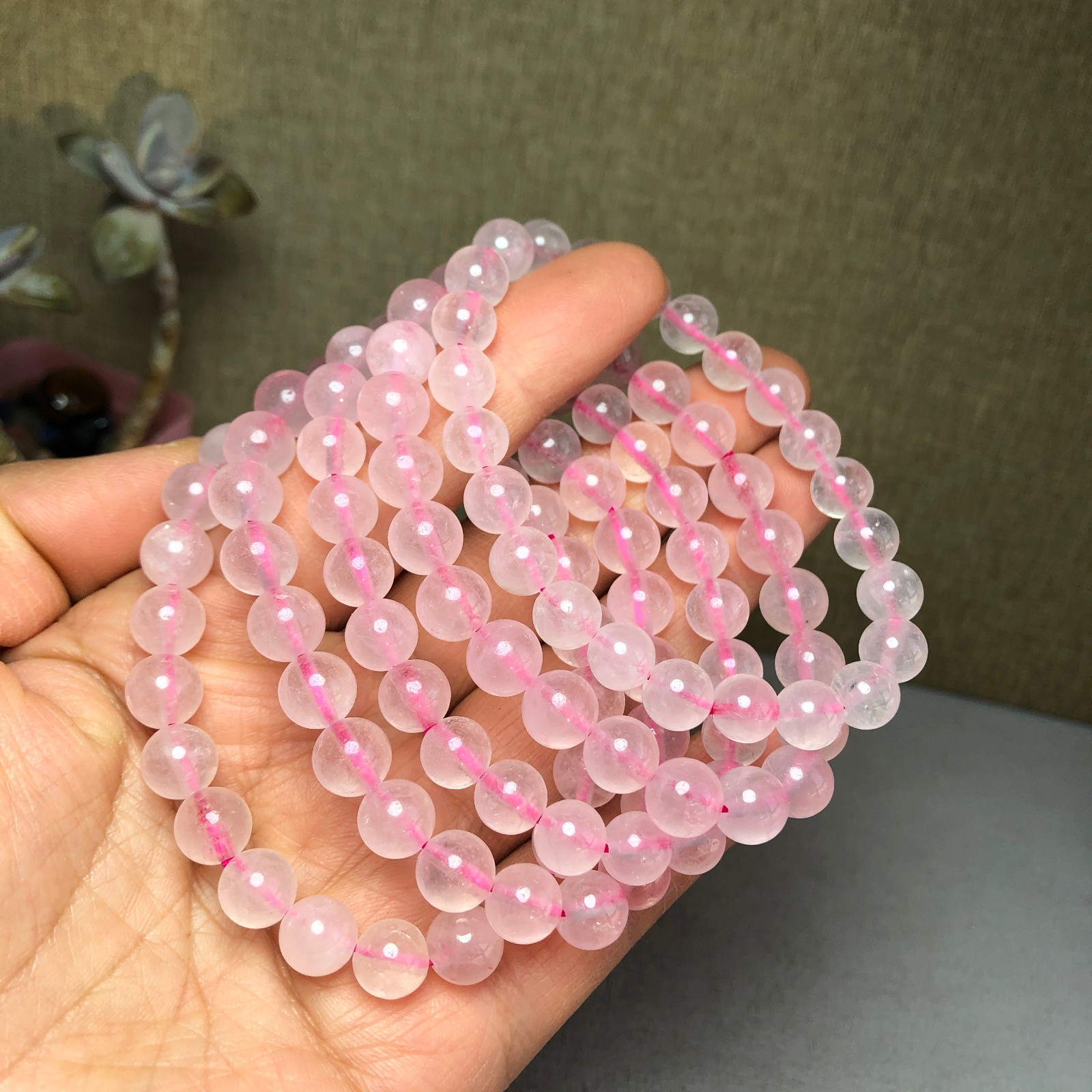 5pcs wholesale Natural pink Crystal rose Quartz chain beads bracelet 8mm A2782
