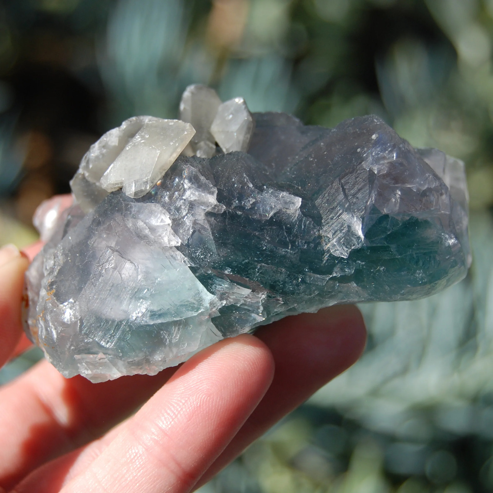 3in 258g Teal Cubic Fluorite Crystal Cluster with Calcite, Large Raw Blue Green