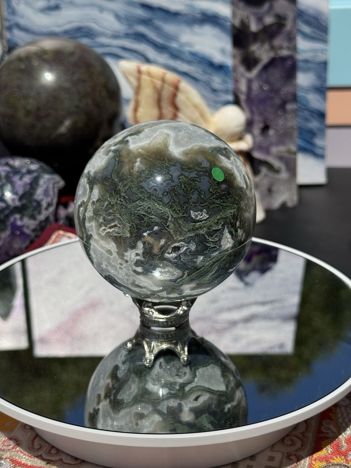 722g/1.59 lb Green Moss Agate Sphere W/Metal Stand Item #G103