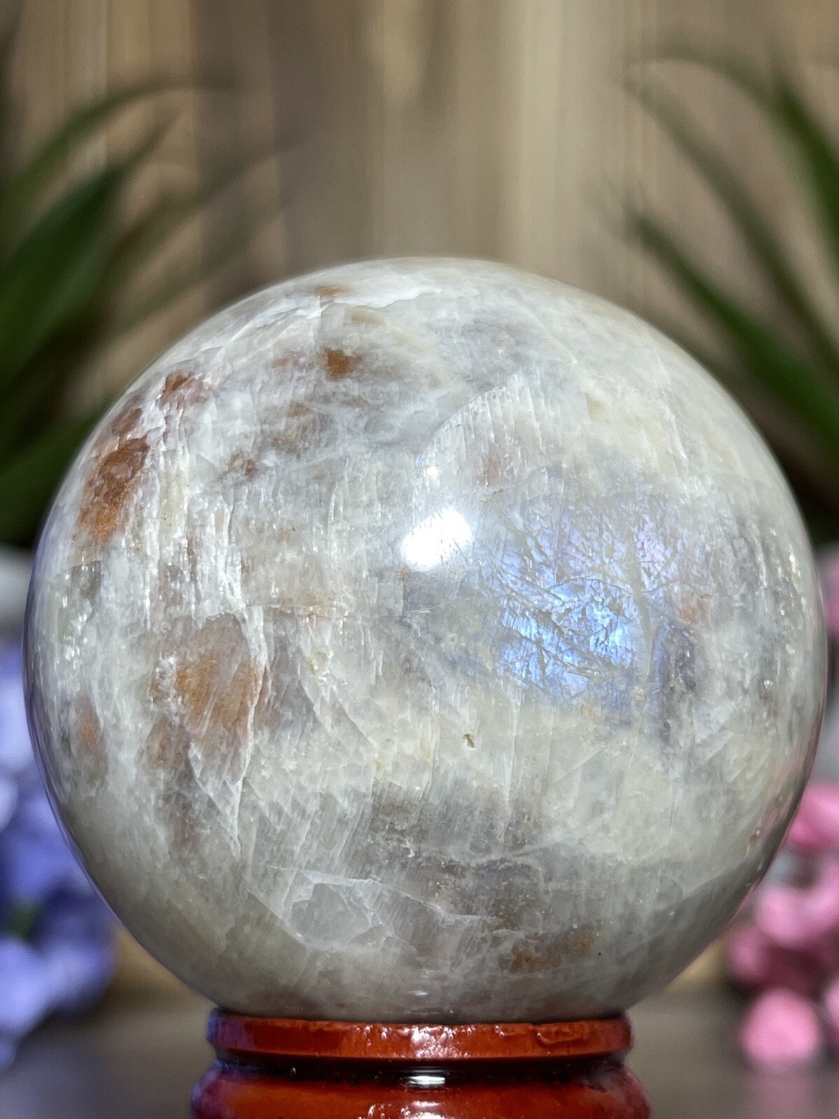 51mm MOONSTONE SUNSTONE SPHERE – Crystal Blue Feldspar Orange Mineral Witch 188g