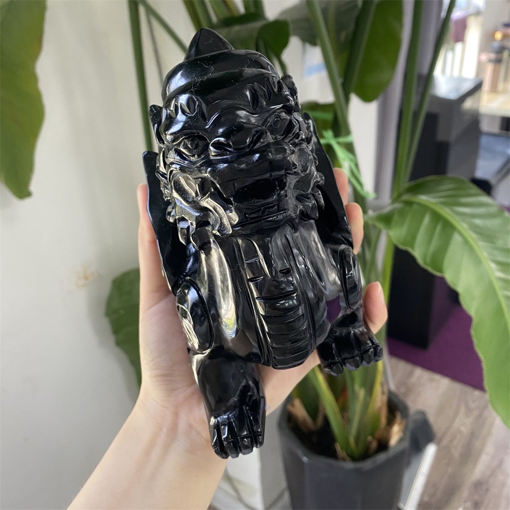 3.9LB 5.5″Natural A+Black Obsidian Kylin Statue Crystal Reiki Carving Decor