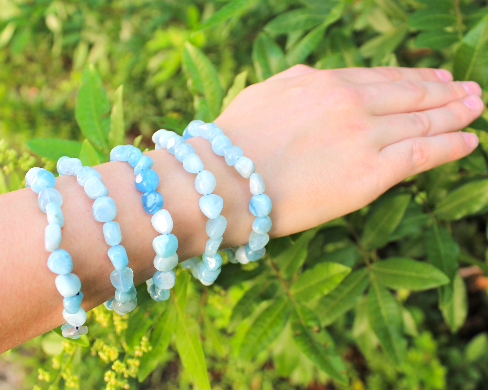 Aquamarine Tumbled Gemstone Bracelet: 6-8 mm Stones (‘A’ Grade, Stretch, Nugget)