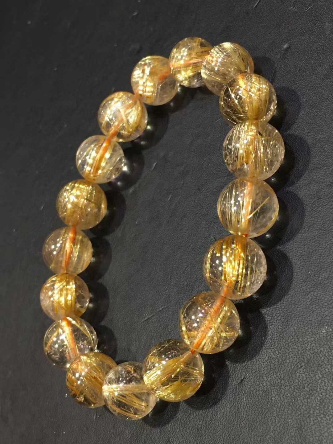 11mm Natural golden rutilated quartz Beaded Bracelet Gemstone Stretch Bracelet